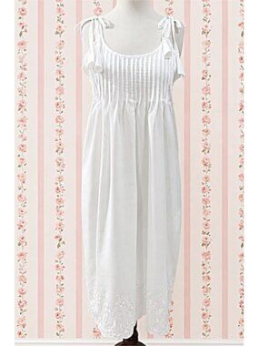 SoieRose 100% Cotton Cottagecore Pintuck Tie Shoulder Midi Nightgown- SR-1337